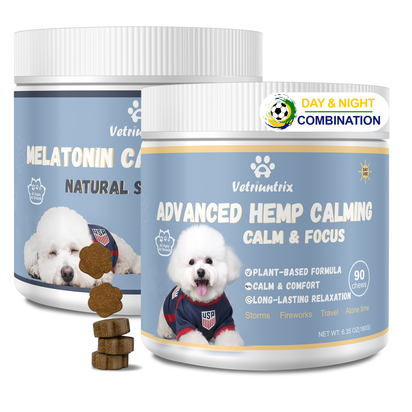 Dog Calming Chews with Melatonin Set, Calming Soft Chews for Dogs for Fireworks, Storms, Thunder, Travel, Road Trip, Day and Night Set